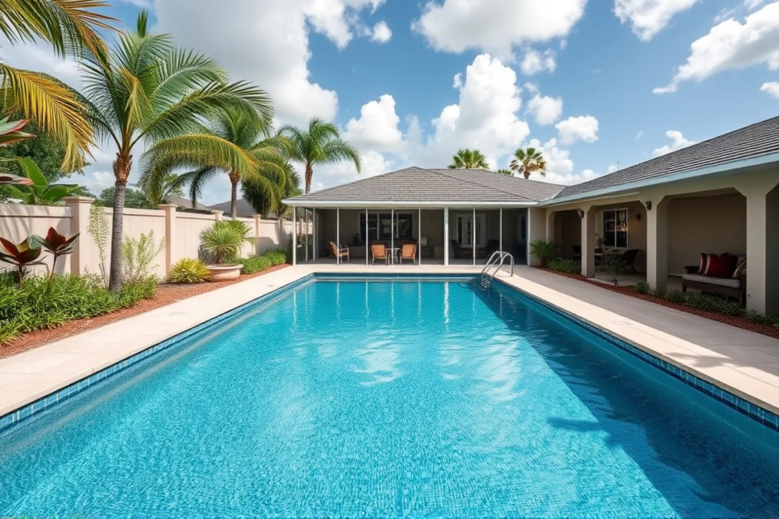 Renovated backyard swimming pool with pale coping, blue water, and tropical Central Florida landscaping